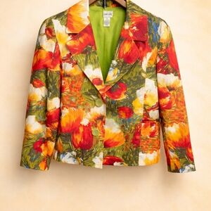 Chico's Floral Cropped Blazer in Red, Orange, Green, Yellow, Cream